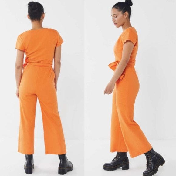 Urban Outfitters Pants - Urban Outfitters Orange Keira Linen Wrap Front Straight Leg Cropped Jumpsuit M